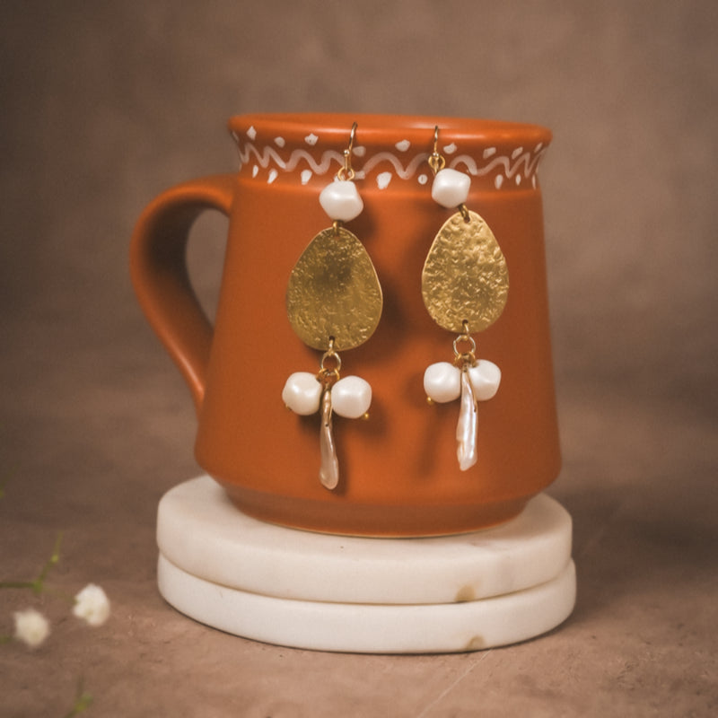 Hammered Gold Teardrop Earrings with Pearl Accents | Handcrafted Brass Jewellery