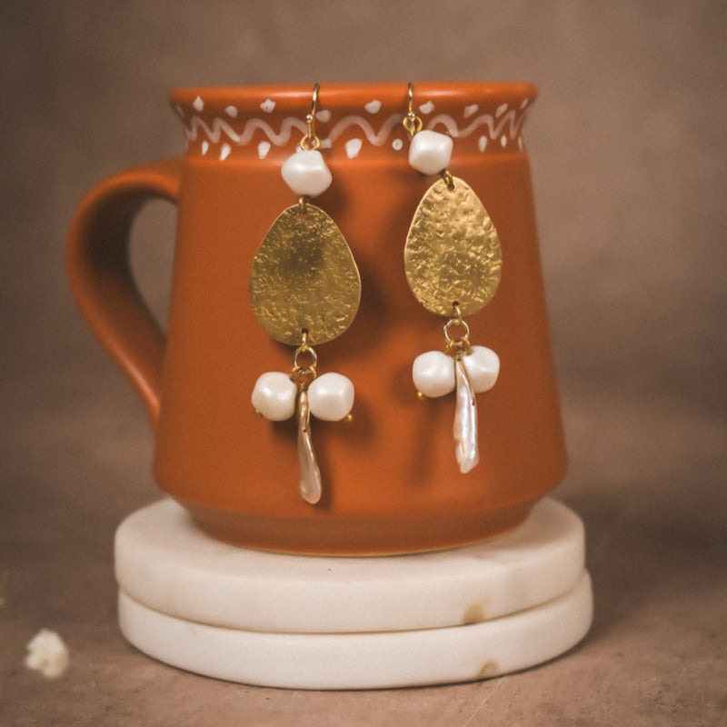 Hammered Gold Teardrop Earrings with Pearl Accents | Handcrafted Brass Jewellery
