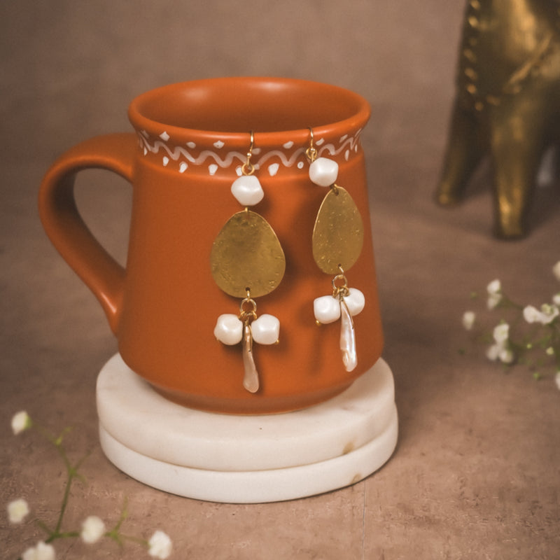 Hammered Gold Teardrop Earrings with Pearl Accents | Handcrafted Brass Jewellery