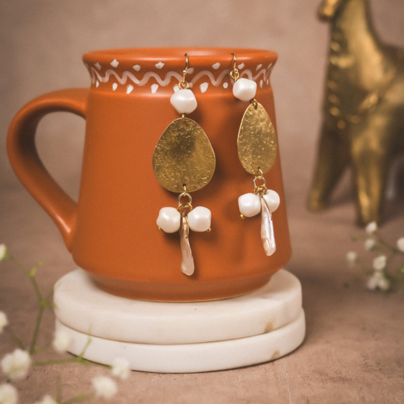 Hammered Gold Teardrop Earrings with Pearl Accents | Handcrafted Brass Jewellery