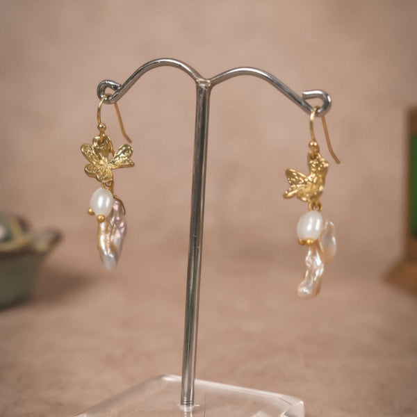 Gold Butterfly Pearl Drop Earrings | Handcrafted Brass Jewellery for Women