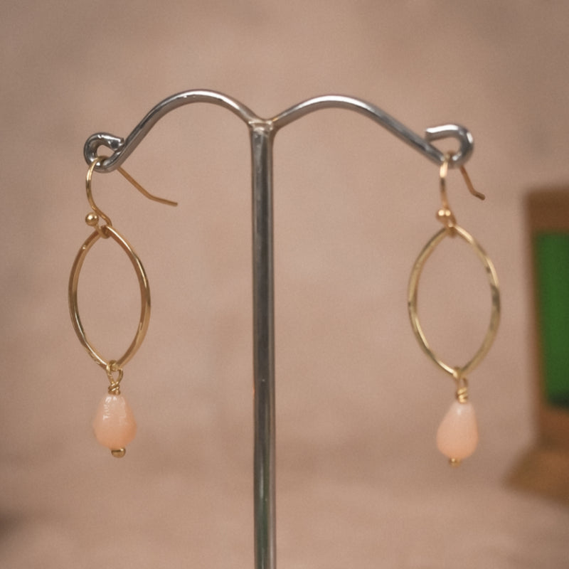 Gold Oval Hoop Earrings with Peach Drops | Minimal Brass Statement Jewellery