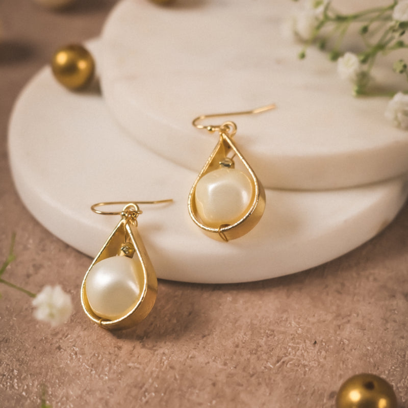 Gold Teardrop Pearl Enclosed Earrings | Elegant Handcrafted Brass Jewellery