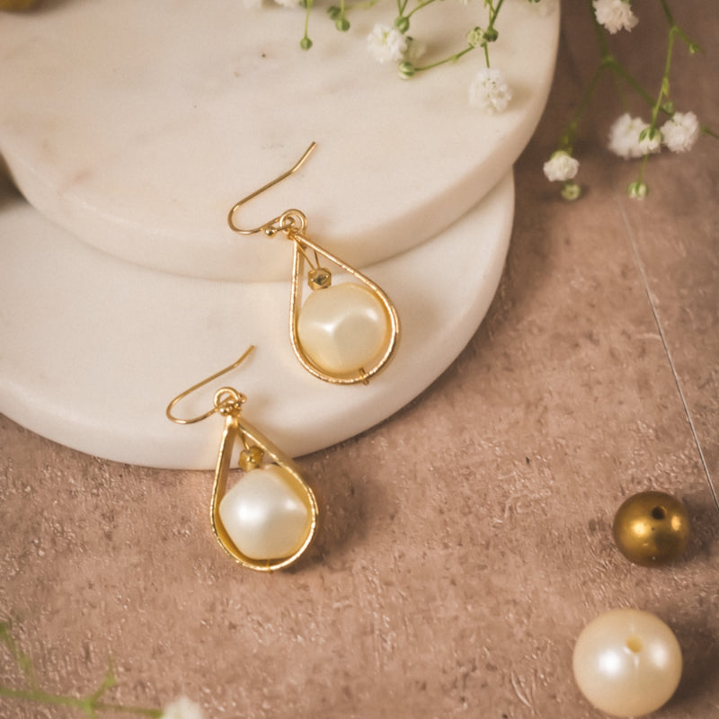 Gold Teardrop Pearl Enclosed Earrings | Elegant Handcrafted Brass Jewellery