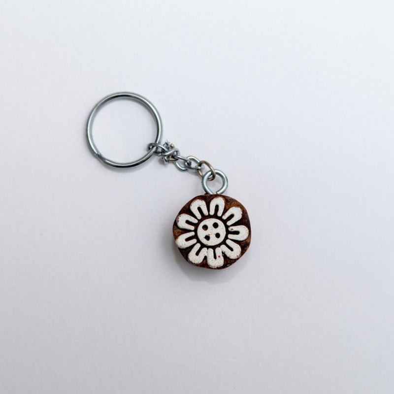 Hand carved Block Keychain- Circle Sunflower Design