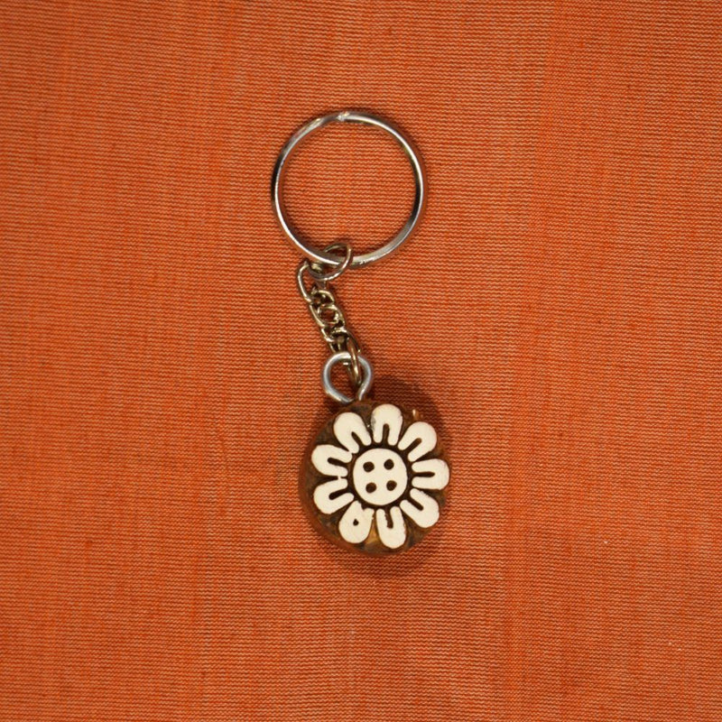 Hand carved Block Keychain- Circle Sunflower Design