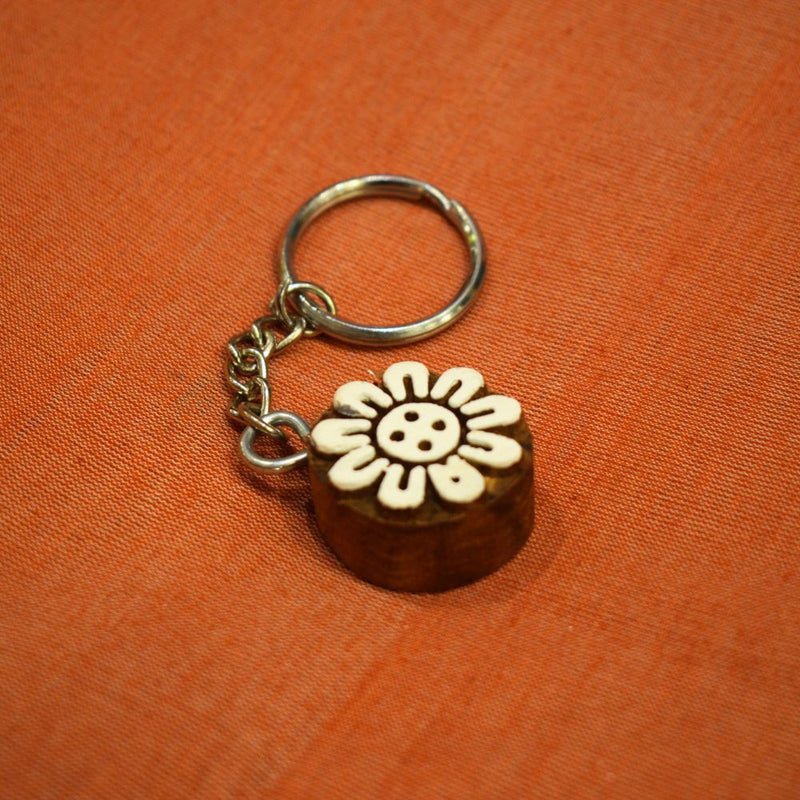 Hand carved Block Keychain- Circle Sunflower Design