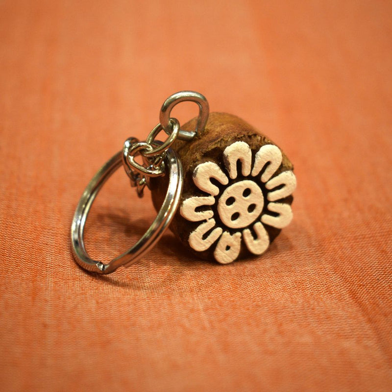 Hand carved Block Keychain- Circle Sunflower Design