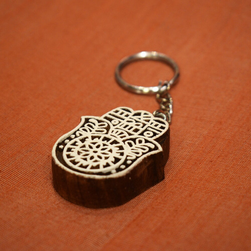 Hand carved Block Keychain- Hamsa design