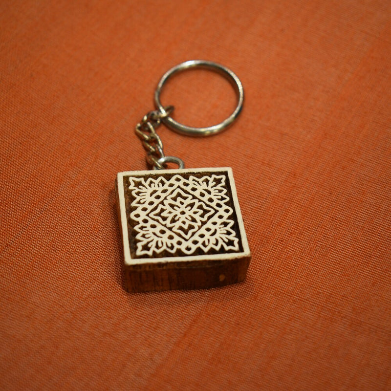 Hand carved Block Keychain- Square design