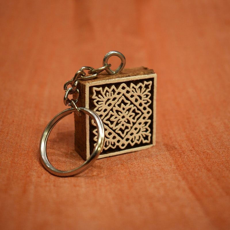 Hand carved Block Keychain- Square design