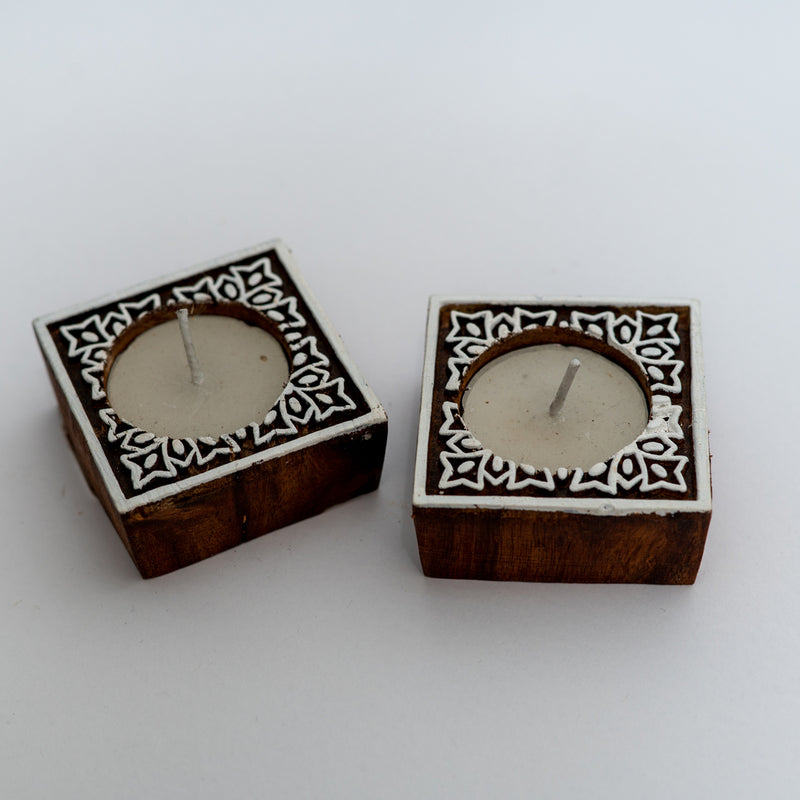 Hand carved block tea light - Square Abstract design