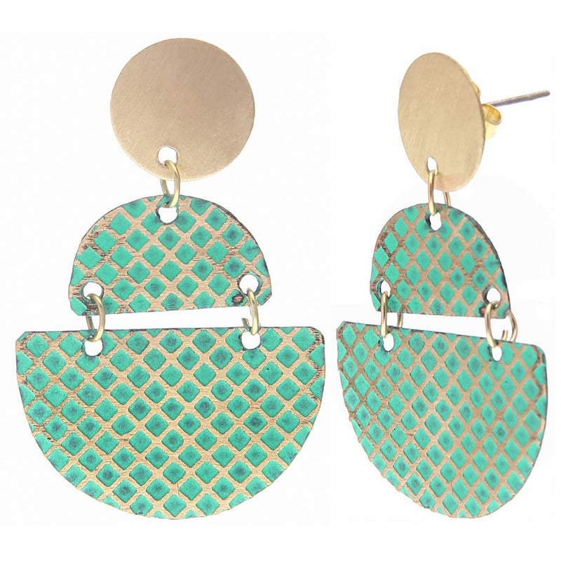 Handmade Green Dome Brass Patina Earring
