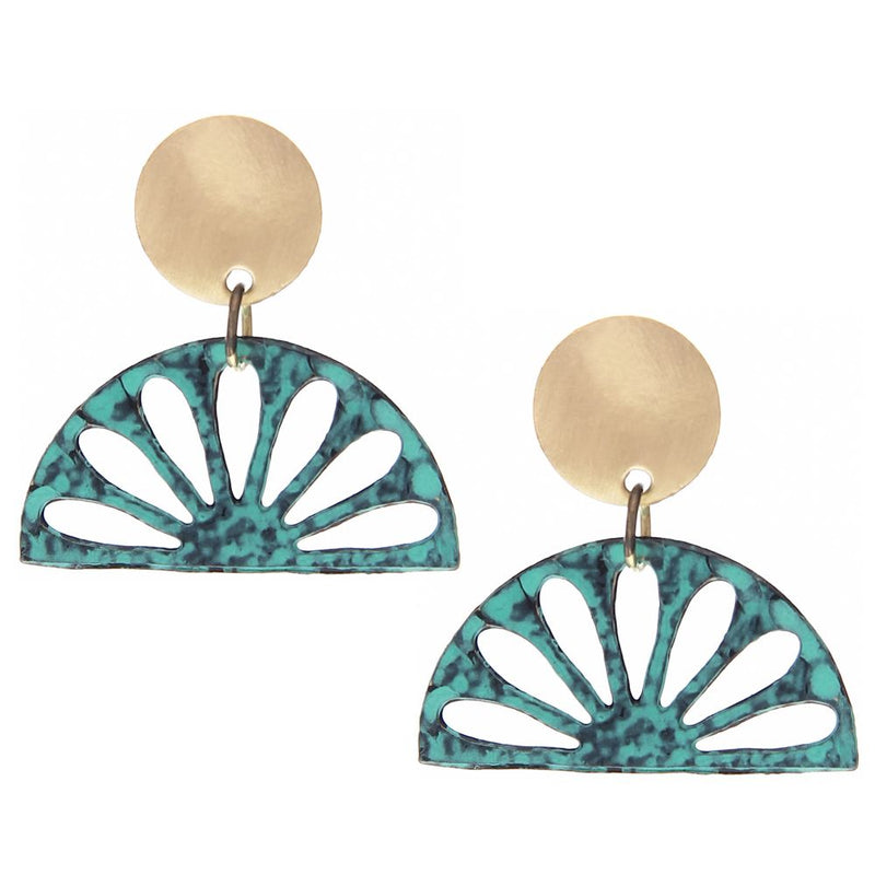 Handmade Green Fan Brass Patina Earring