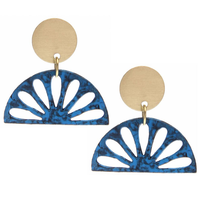 Handmade Blue Fan Brass Patina Earring