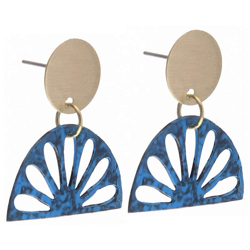 Handmade Blue Fan Brass Patina Earring