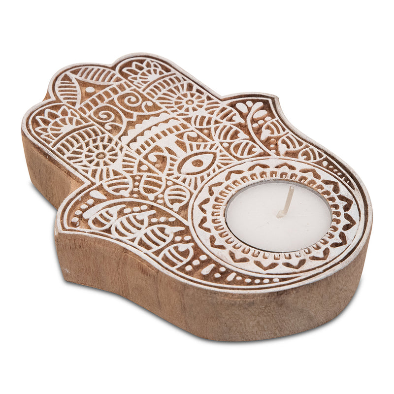 Wooden Hand-Carved Hamsa Block Tea Light Holder