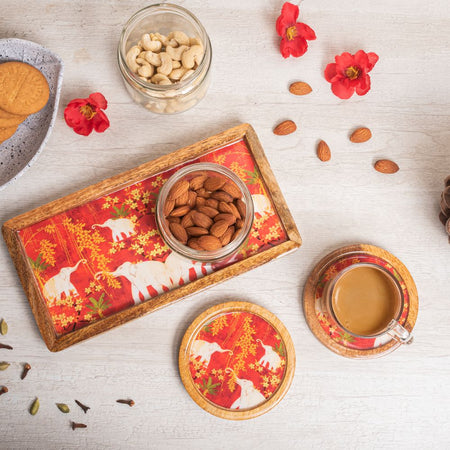 Wooden Tray Elephant Print With Coaster Set