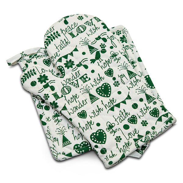 Love White Green Christmas Oven Mitt and Pot Holder Set