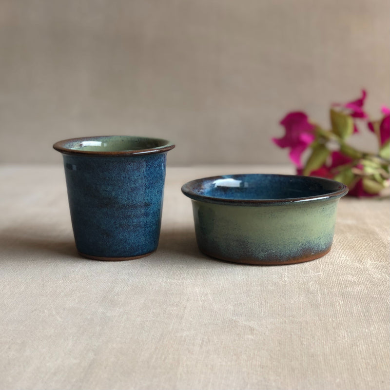 Ceramic Blue Green Handcrafted Dabara Set (Set of 2)