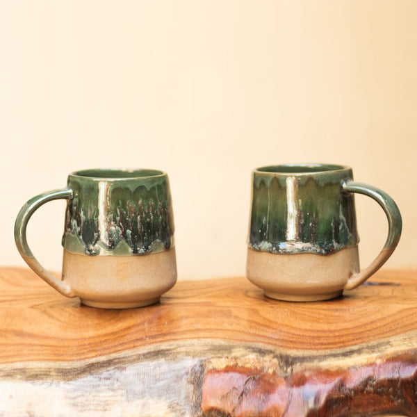 Ceramic Handcrafted Beige and Green Drip Coffee Mug-Set of two