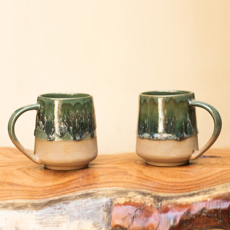 Ceramic Handcrafted Beige and Green Drip Coffee Mug-Set of two