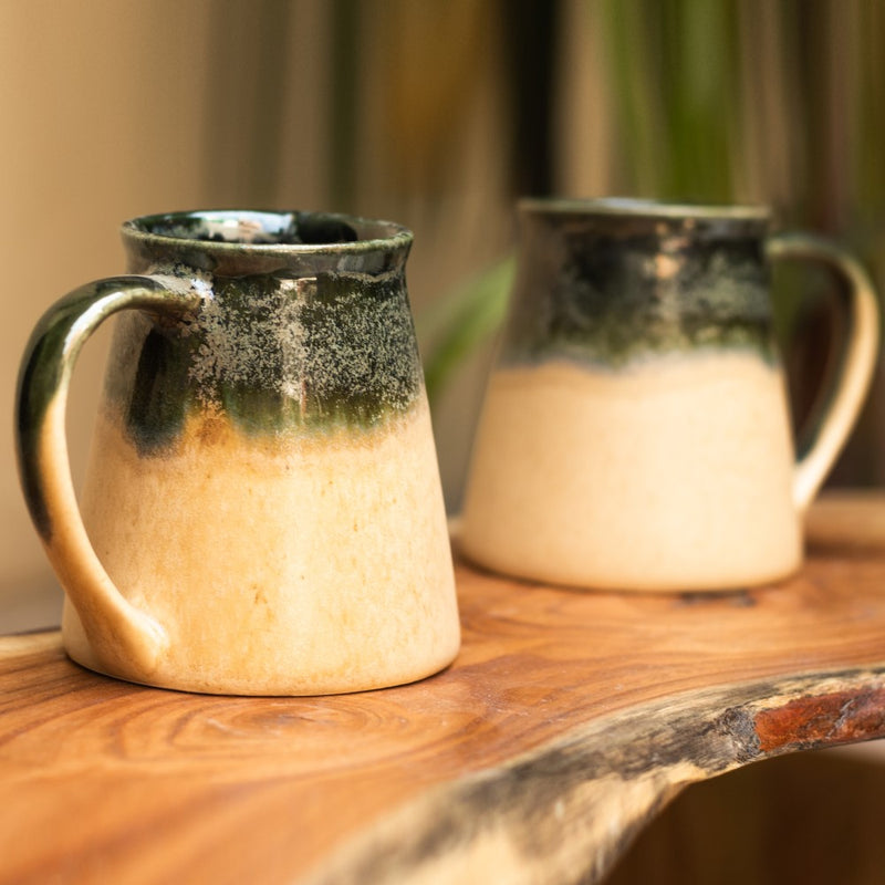 Ceramic Handcrafted Beige and Green Coffee Mug- Set of two