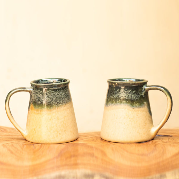 Ceramic Handcrafted Beige and Green Coffee Mug- Set of two