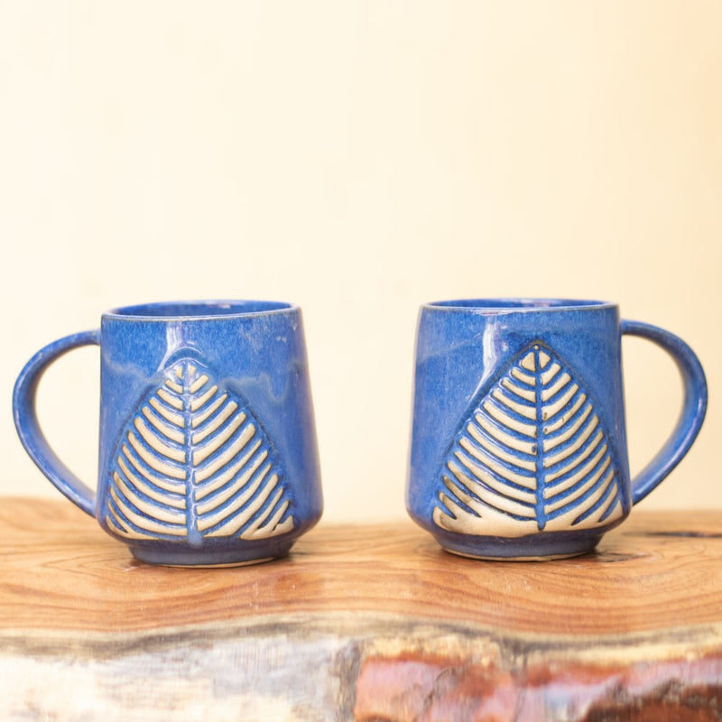 Ceramic Handcrafted Blue Leaf Coffee Mug- Set of Two