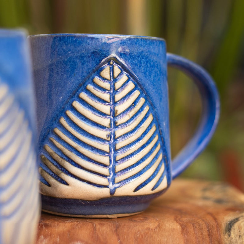 Ceramic Handcrafted Blue Leaf Coffee Mug- Set of Two