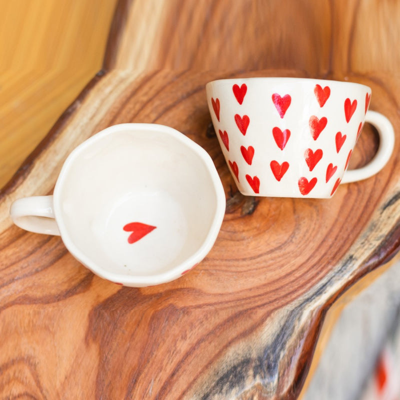 Ceramic Handcrafted Red Hearts Tea Coffee Mug- Set of two