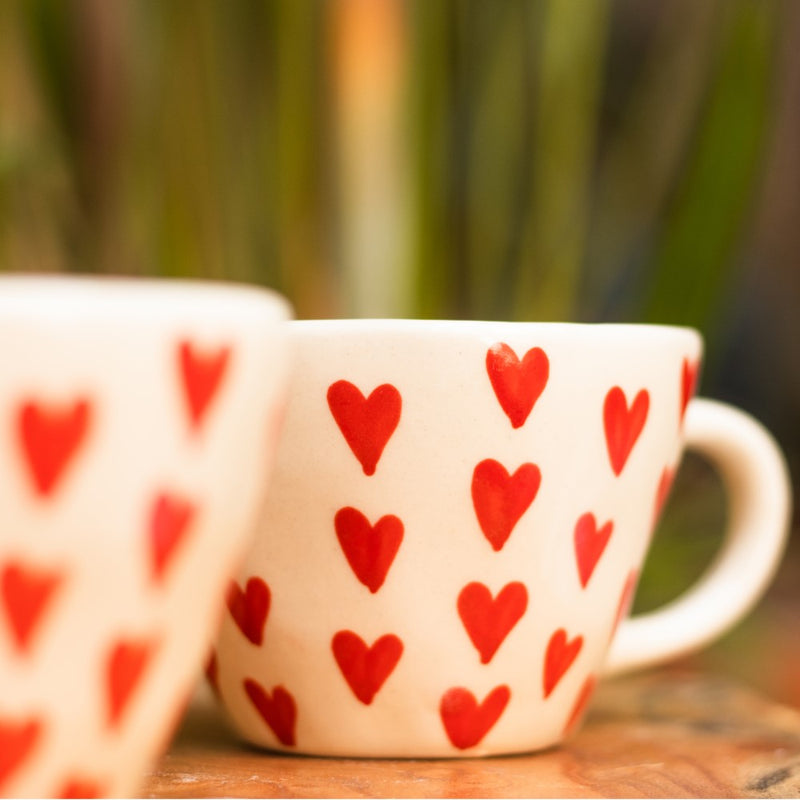 Ceramic Handcrafted Red Hearts Tea Coffee Mug- Set of two