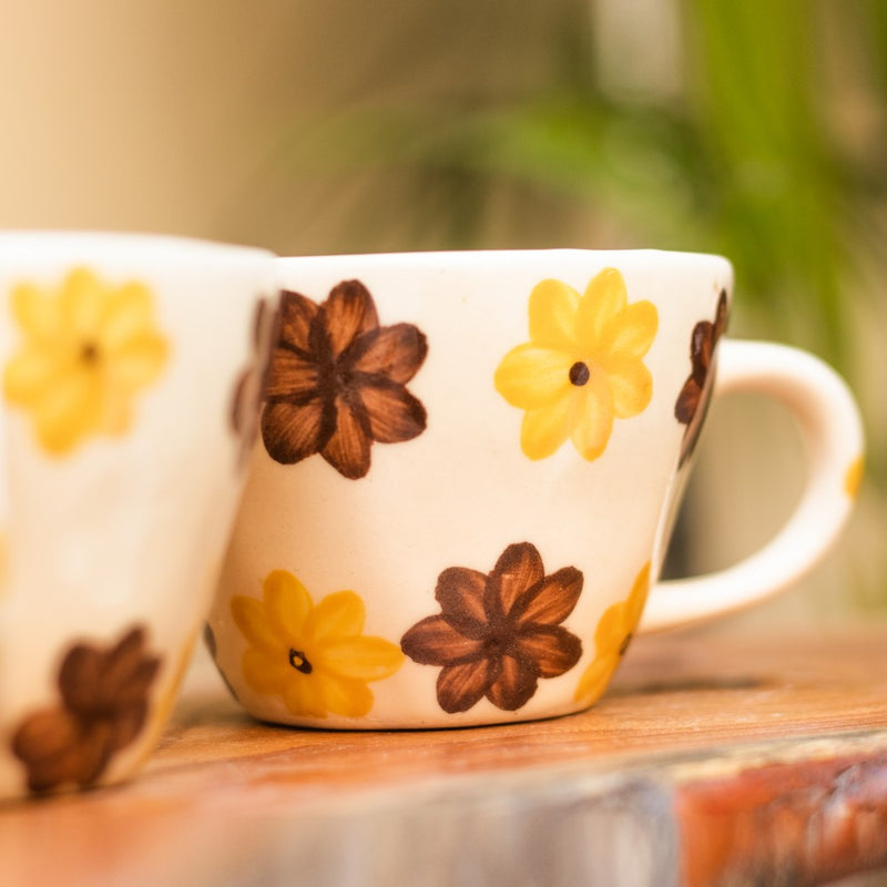 Ceramic Handcrafted Brown Yellow Flower Coffee Mug- Set of two