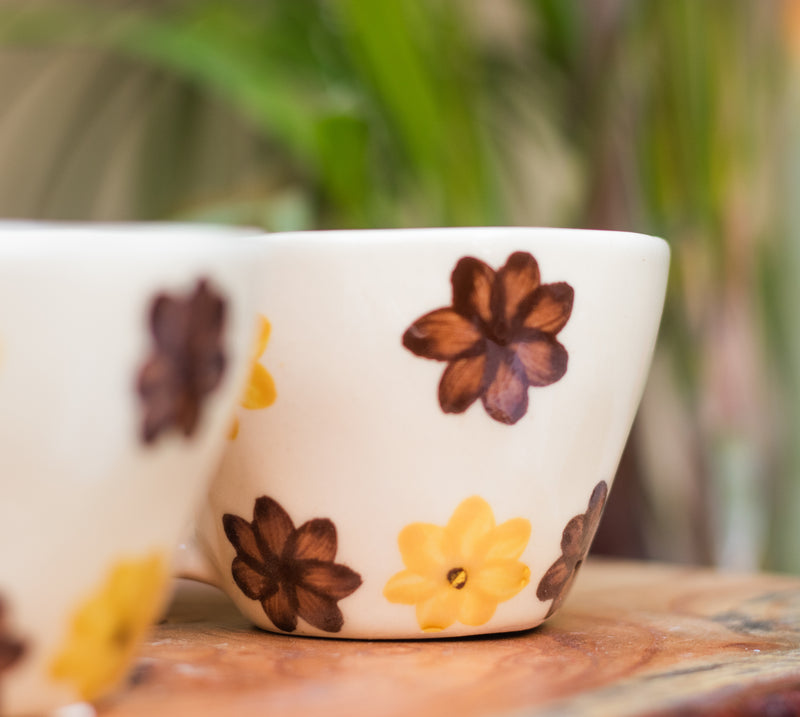 Ceramic Handcrafted Brown Yellow Flower Coffee Mug- Set of two