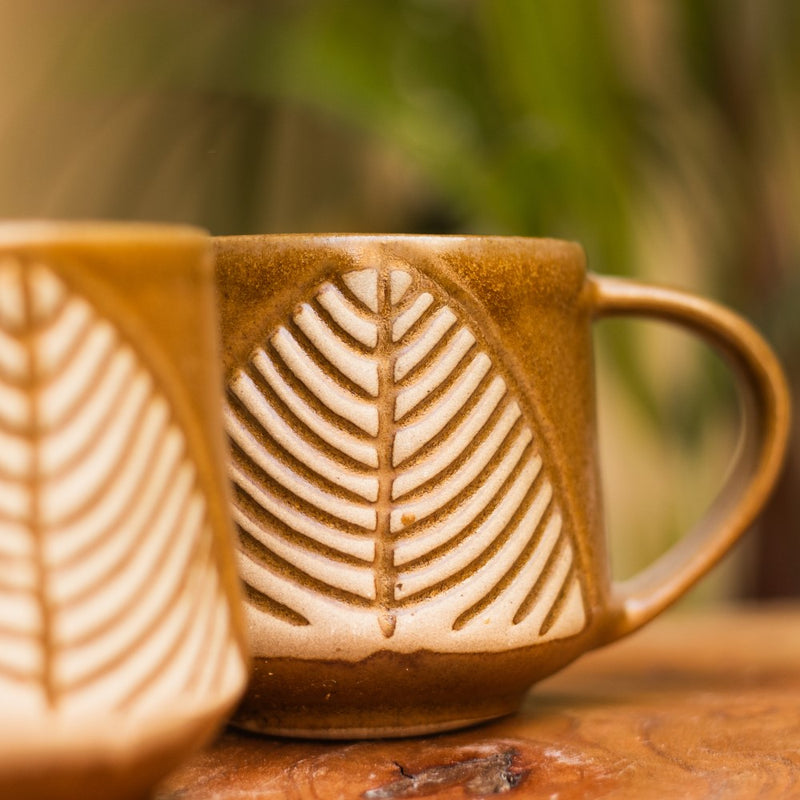 Ceramic Handcrafted Brown Leaf Mug Set of two