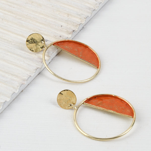 Handcrafted Brass Orange Circle Stud Earring