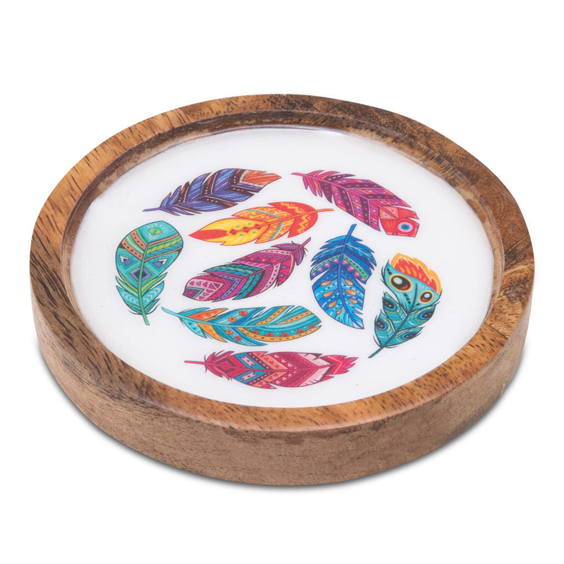 Wooden Round Coasters with Feather Print Design Set of 2
