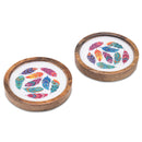 Wooden Round Coasters with Feather Print Design Set of 2