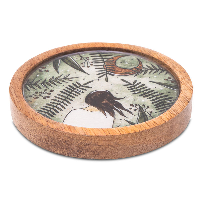 Wooden Round Coasters with Green Girl Print Design Set of 2