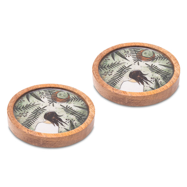 Wooden Round Coasters with Green Girl Print Design Set of 2