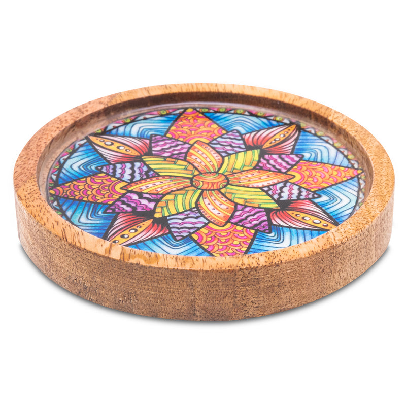 Wooden Round Coasters with Mandala Print Design Set of 2