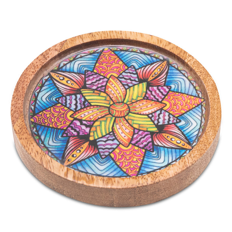 Wooden Round Coasters with Mandala Print Design Set of 2