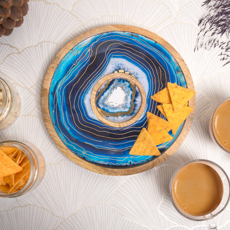 Wooden Blue Round Chip and Dip Platter