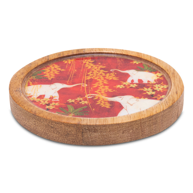 Wooden Round Coasters with Elephant Print Design Set of 2