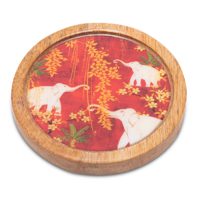 Wooden Tray Elephant Print With Coaster Set