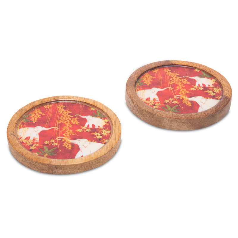 Wooden Round Coasters with Elephant Print Design Set of 2