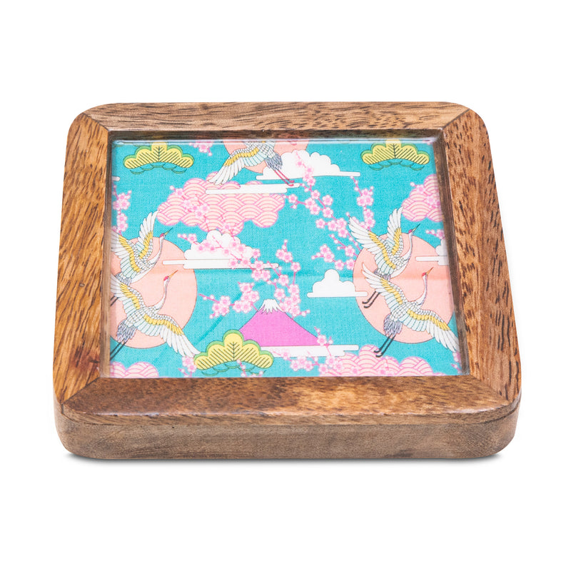 Wooden Square Coasters with Blue Bird Design Set of 2