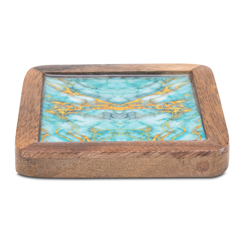 Wooden Square Coasters with Abstract Print Design Set of 2