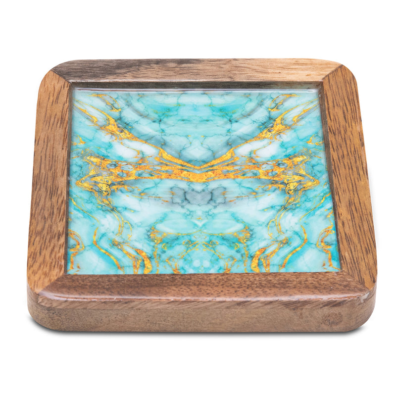 Wooden Square Coasters with Abstract Print Design Set of 2