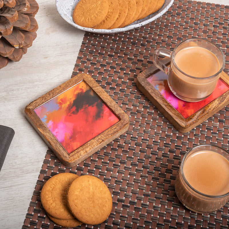 Wooden Square Coasters with Red Abstract Print Design Set of 2